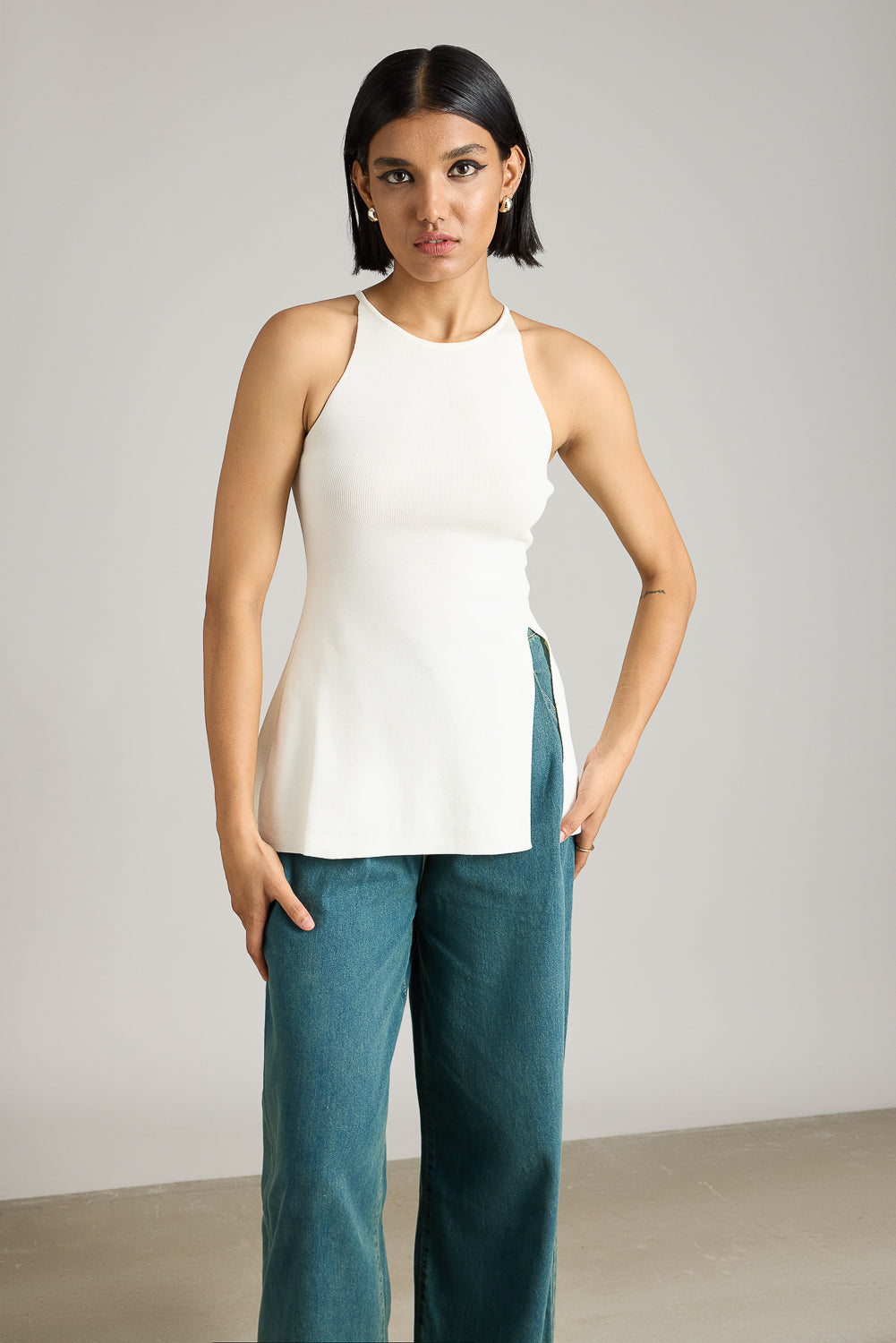 White Flared Long Top With Slit