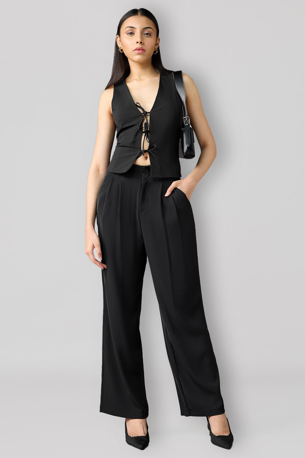 Midnight Black Pleated Women's Straight Korean Pants