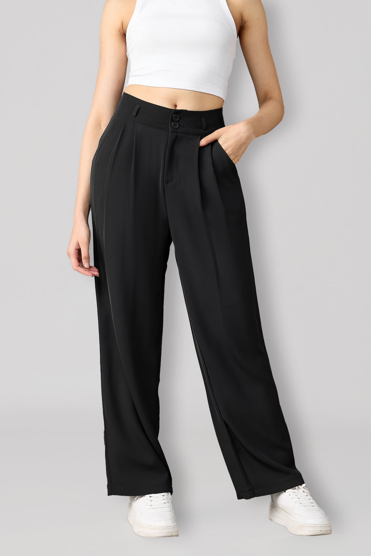 Black Pleated Women's Straight Korean Pants