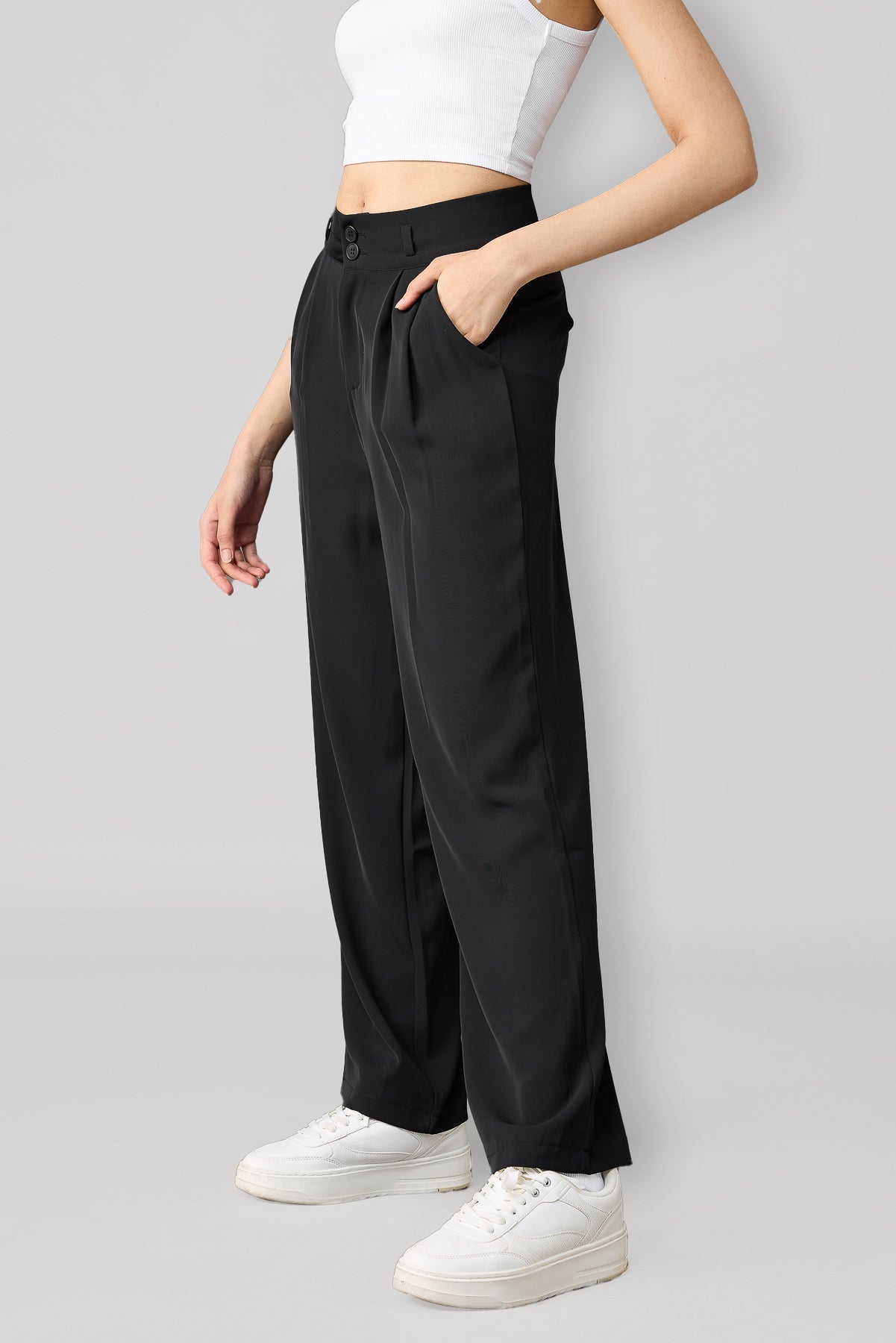 Black Pleated Women's Straight Korean Pants