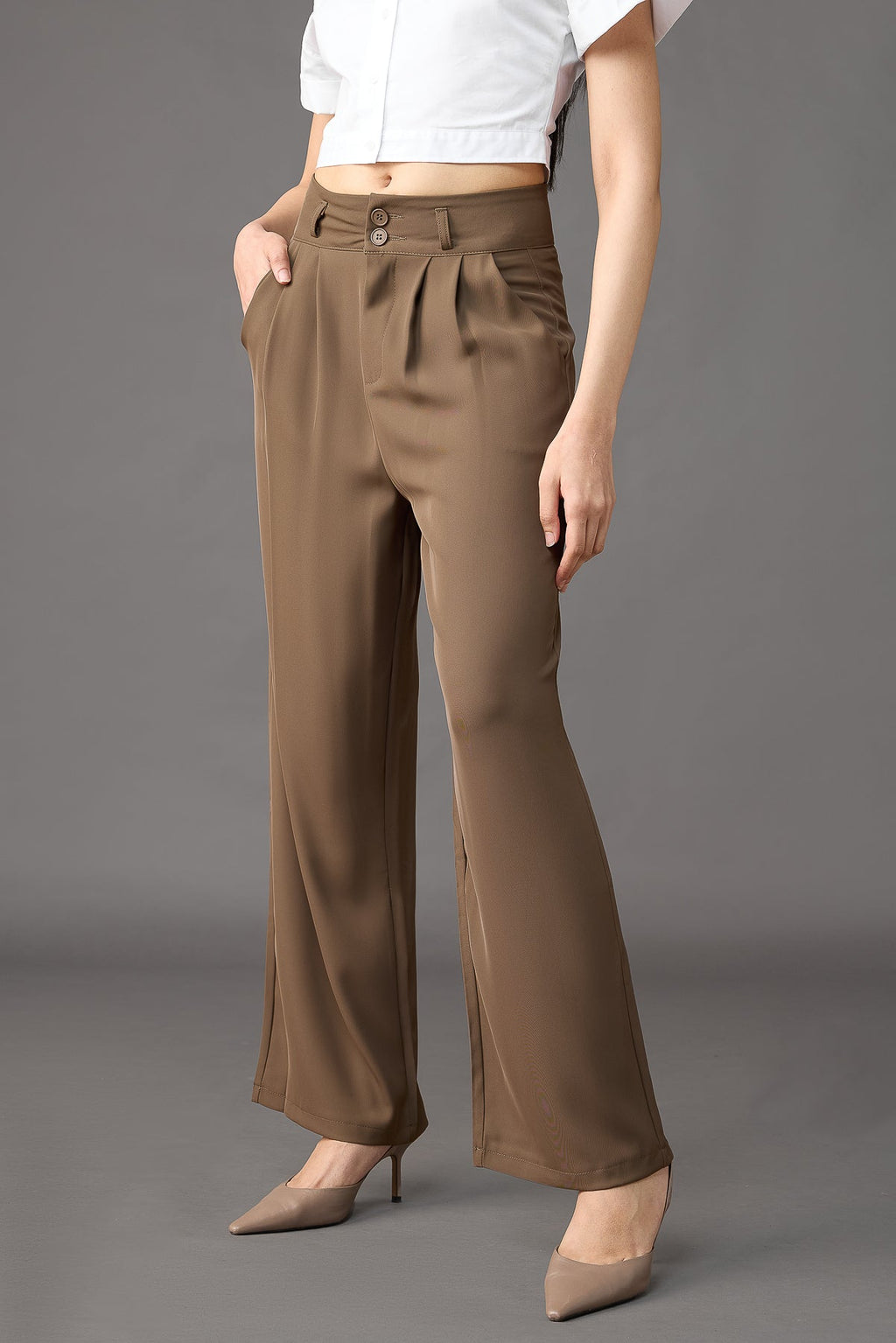 Olive Brown Pleated Women's Straight Korean Pants
