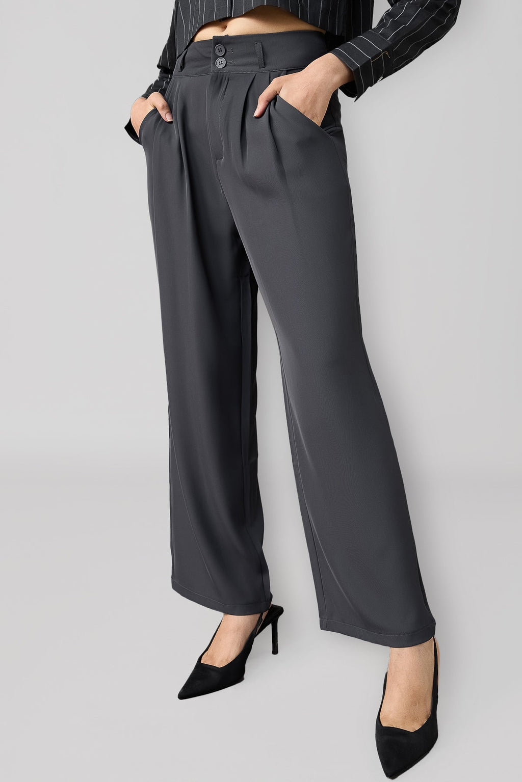 Charcoal Grey Pleated Women's Straight Korean Pants