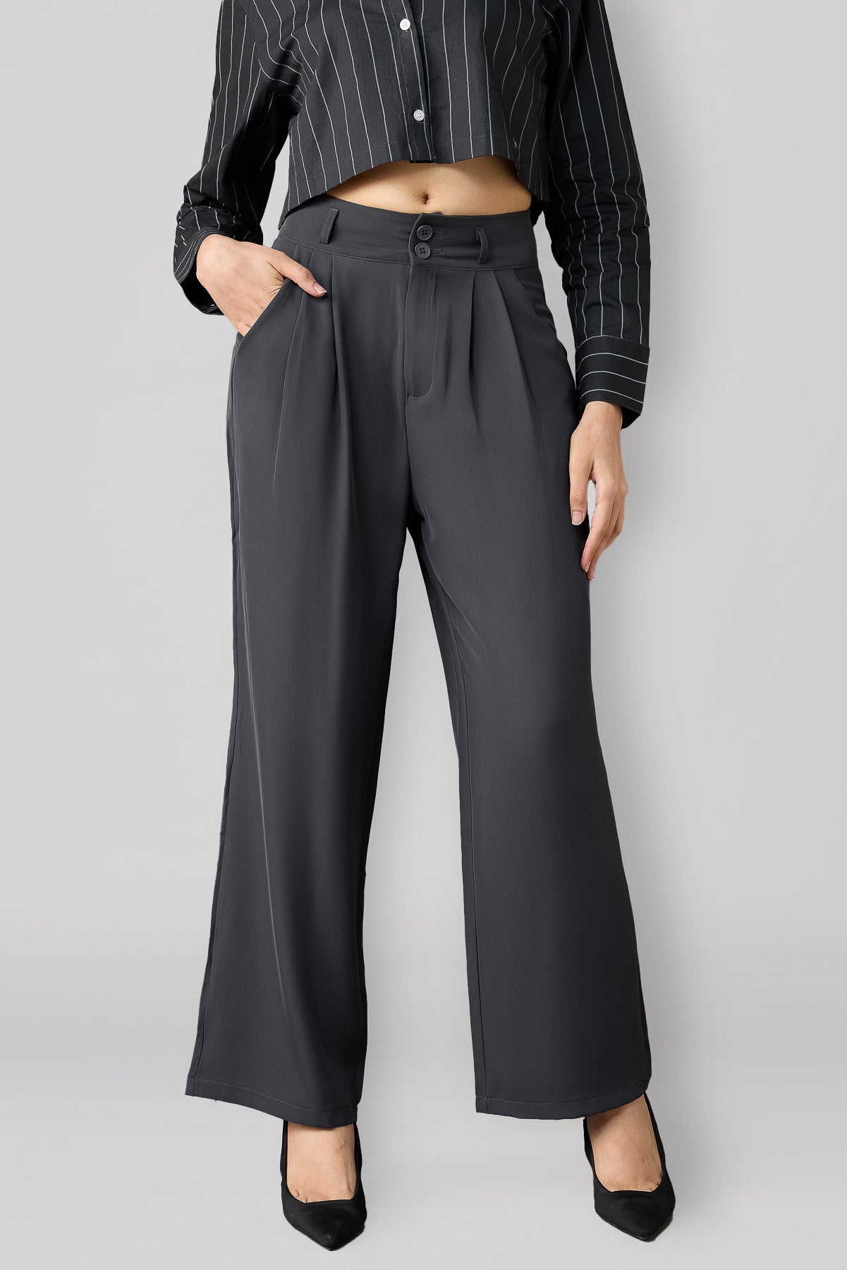 Charcoal Grey Pleated Women's Straight Korean Pants