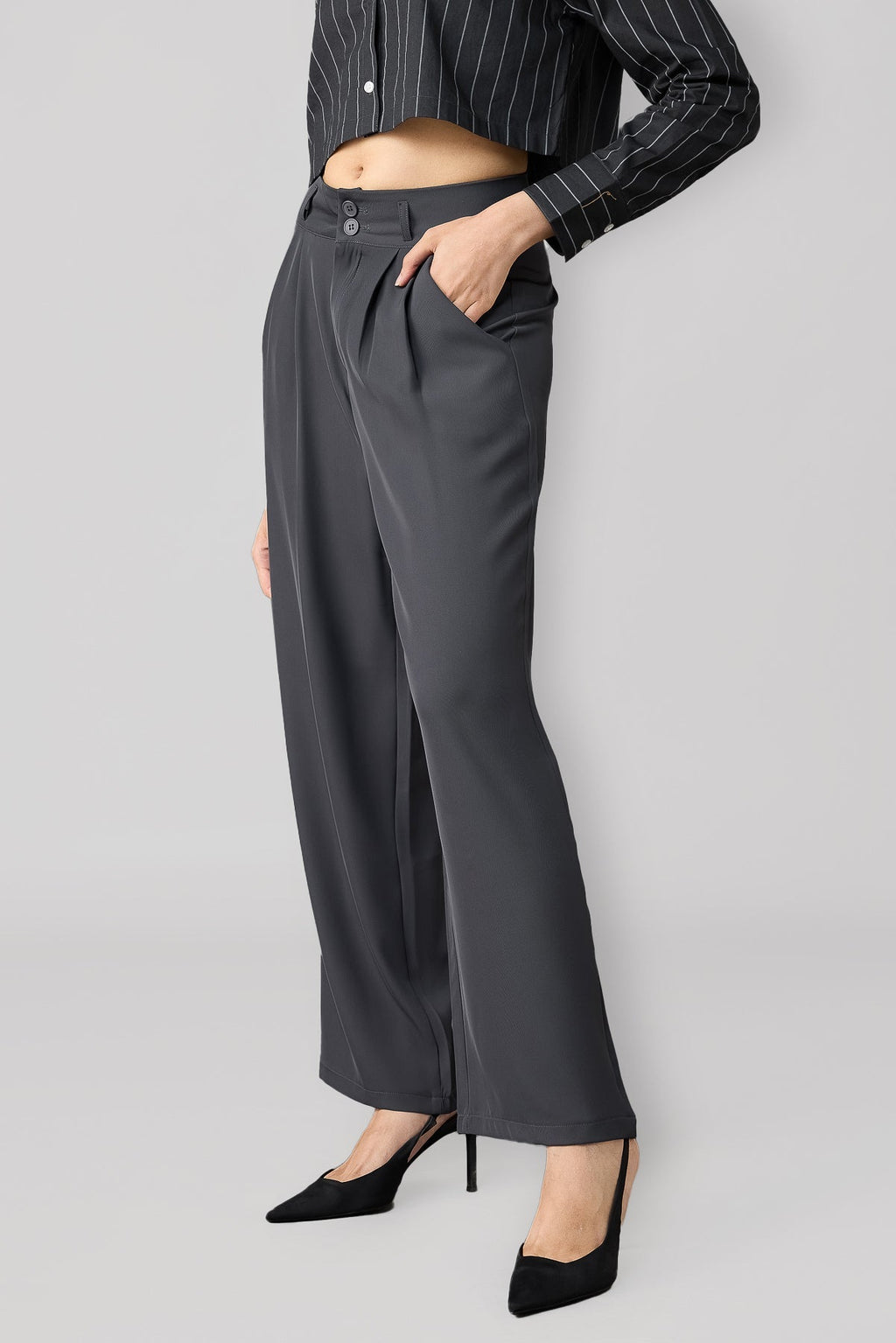 Charcoal Grey Pleated Women's Straight Korean Pants
