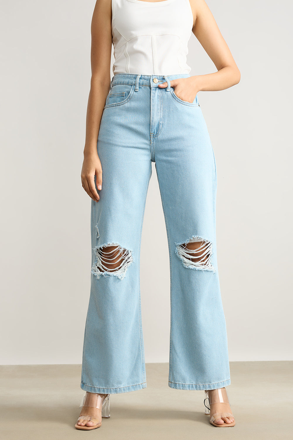 Light Blue High Waisted Distressed Women's Wide Jeans
