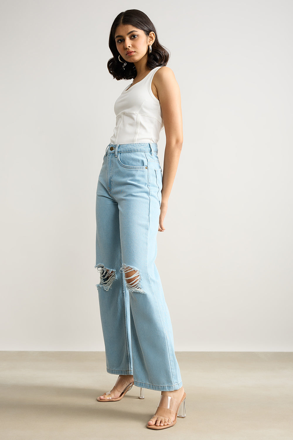 True Blue Distressed Women's Wide Leg Jeans