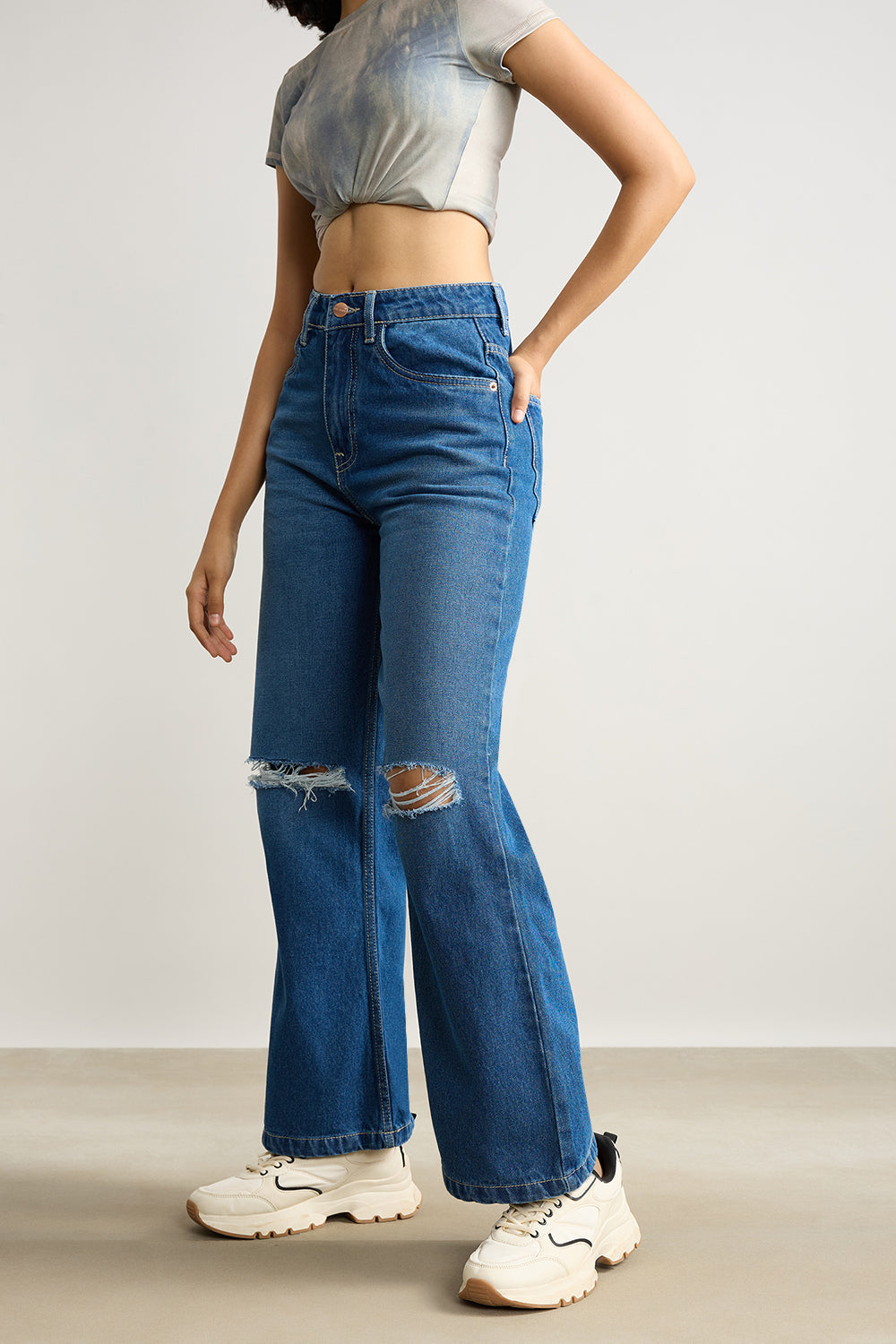 Clean Blue Distress Women's Wide Jeans