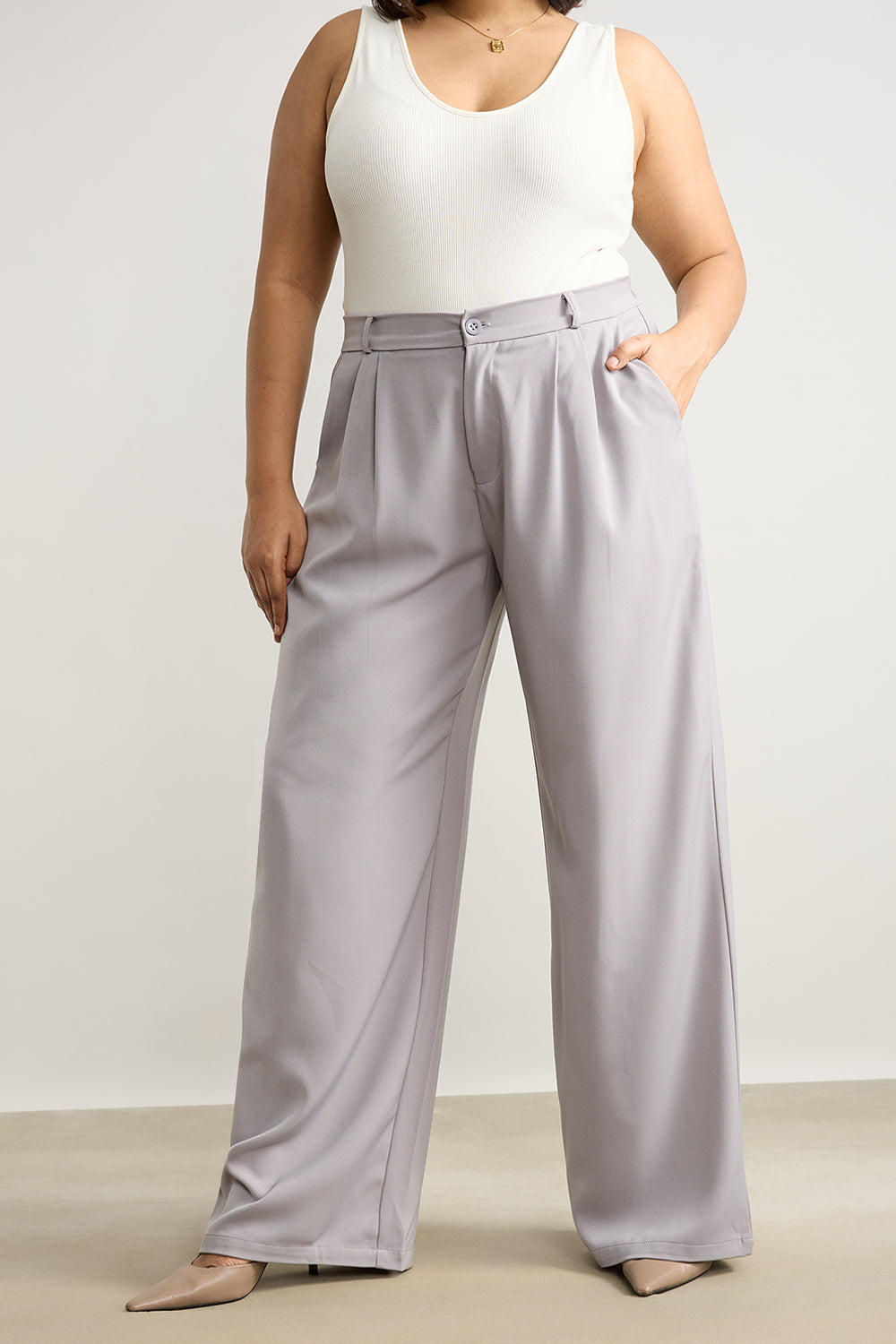 Curve Light Grey Pleated Straight Korean Pants