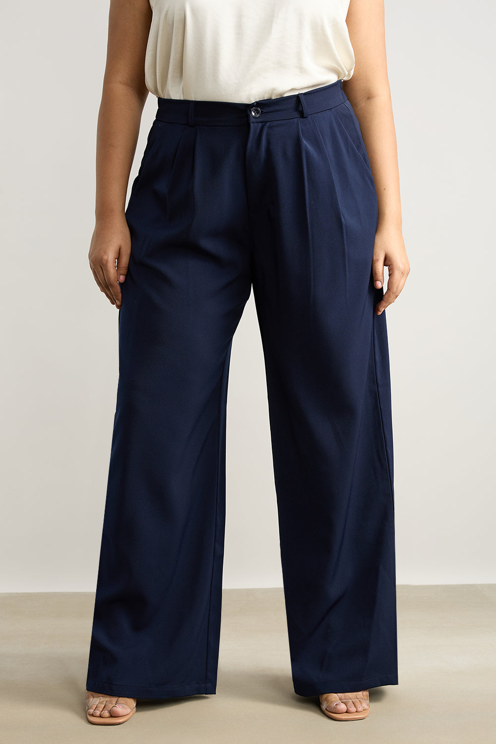 Curve Navy Pleated Straight Korean Pants