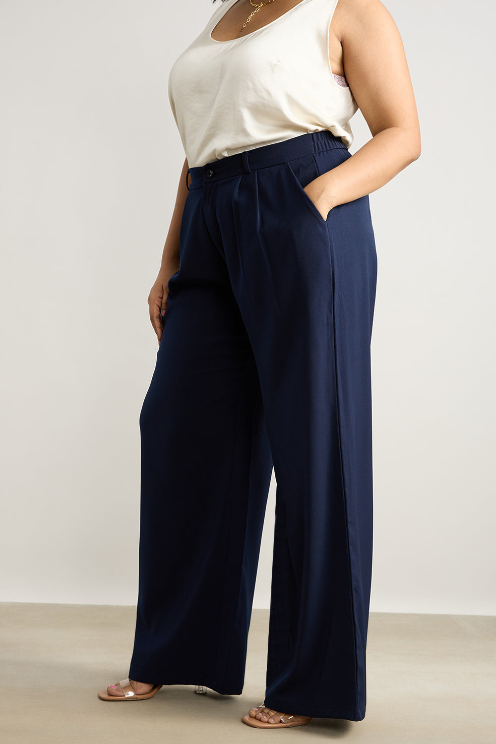 Curve Navy Pleated Straight Korean Pants