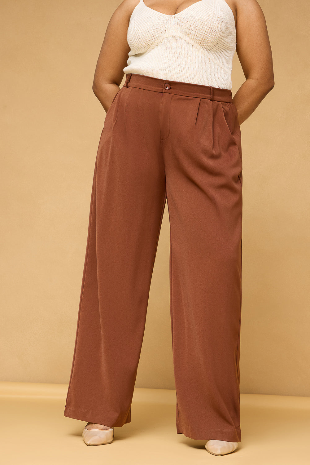 Curve Rust Brown Pleated Straight Korean Pants