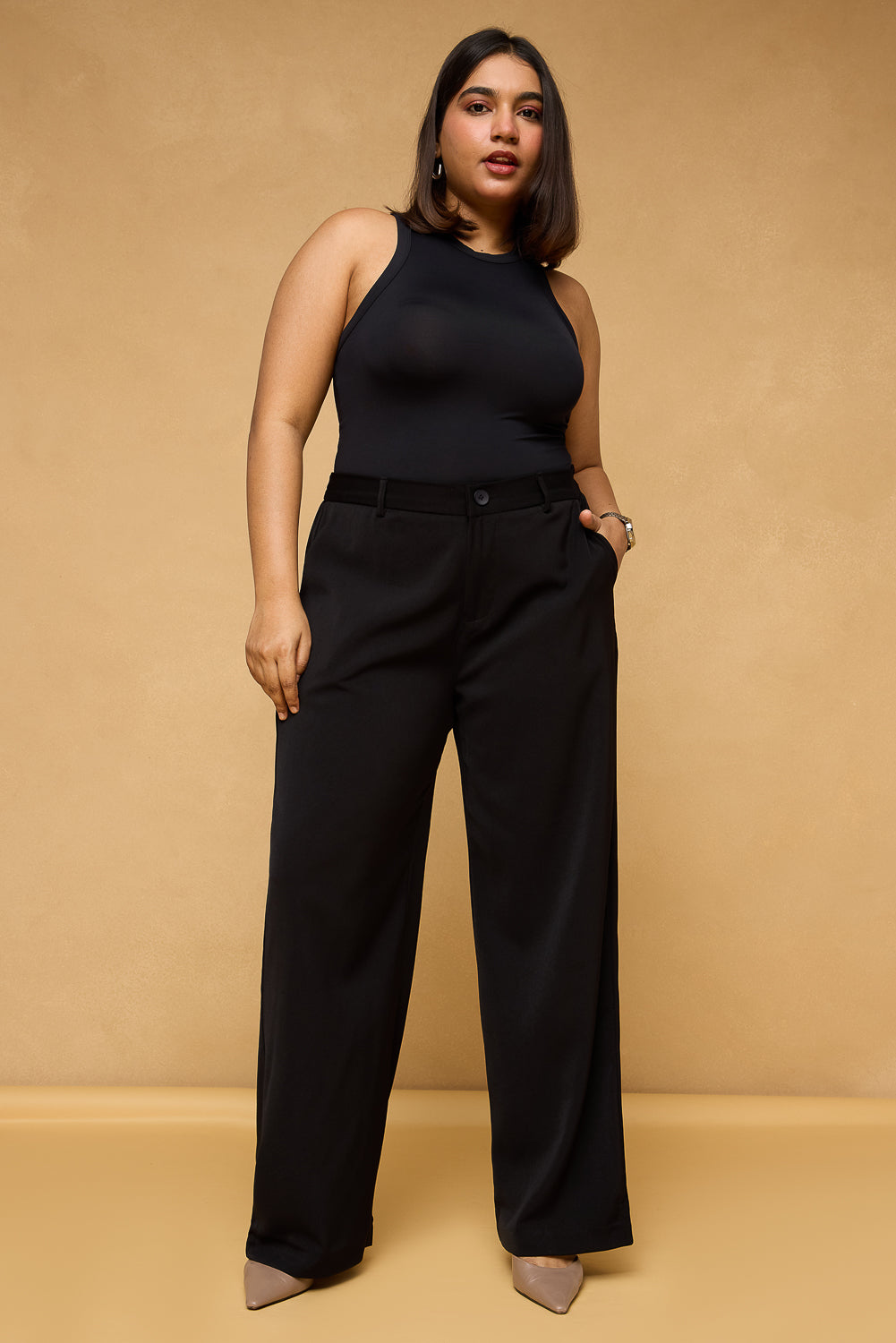 Curve Pitch Black Elasticated Straight Korean Pants
