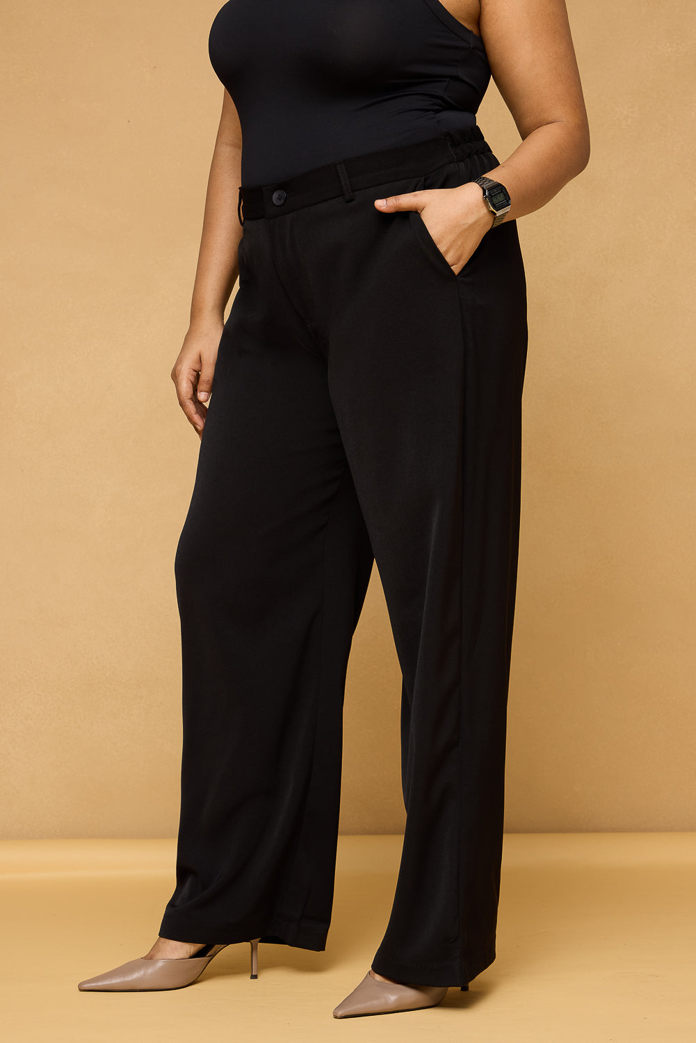 Curve Neat Black Elasticated Straight Korean Pants