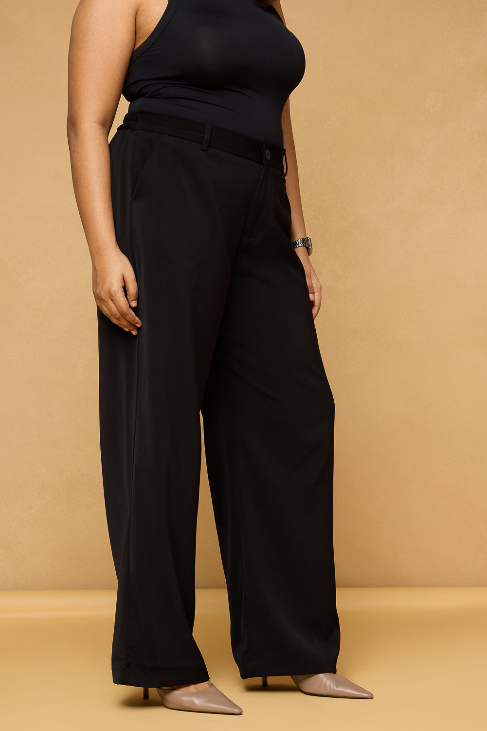 Curve Pitch Black Elasticated Straight Korean Pants
