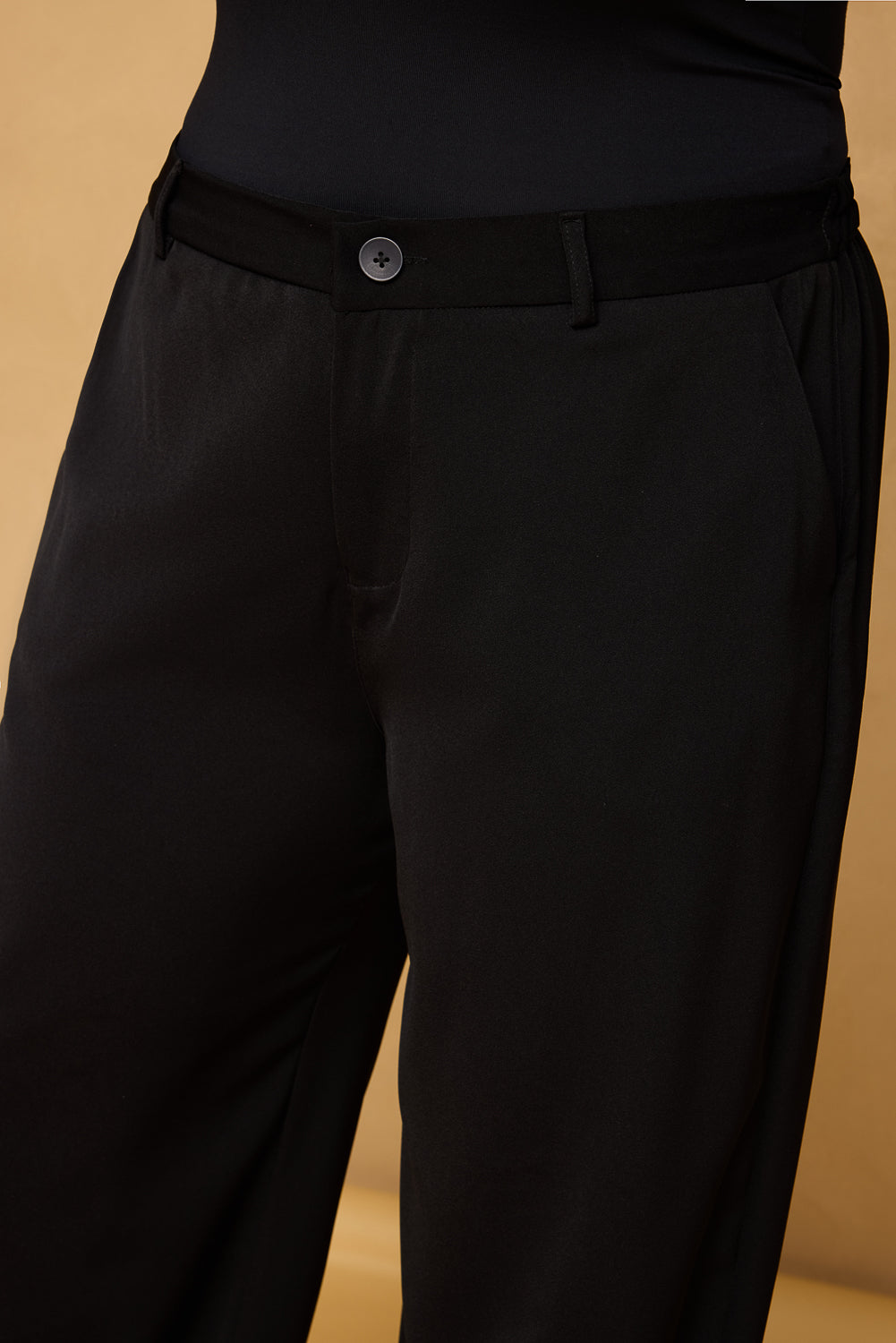 Curve Pitch Black Elasticated Straight Korean Pants