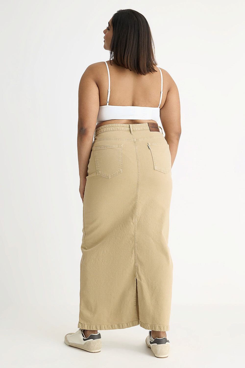 Denim Earthy Beige Slit Midi Skirt
