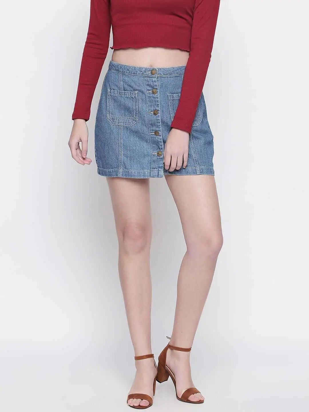 Mid Blue Skirt With Button Details