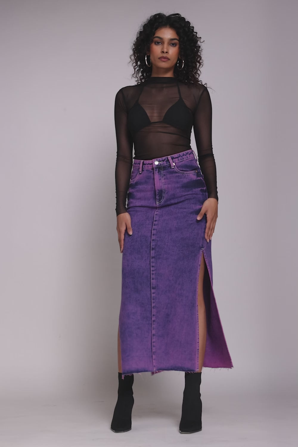 Purple Strike Denim Side Slit Maxi Skirt