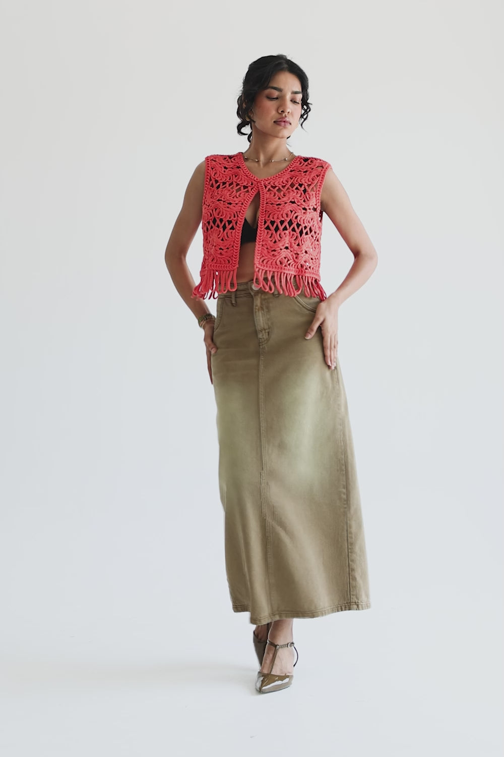 Gold Beige Long Straight Denim Skirt