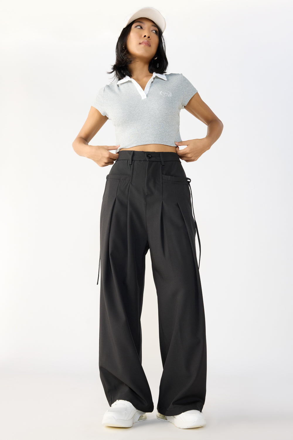 Black Pleated Knot Women's Wide Korean Pants