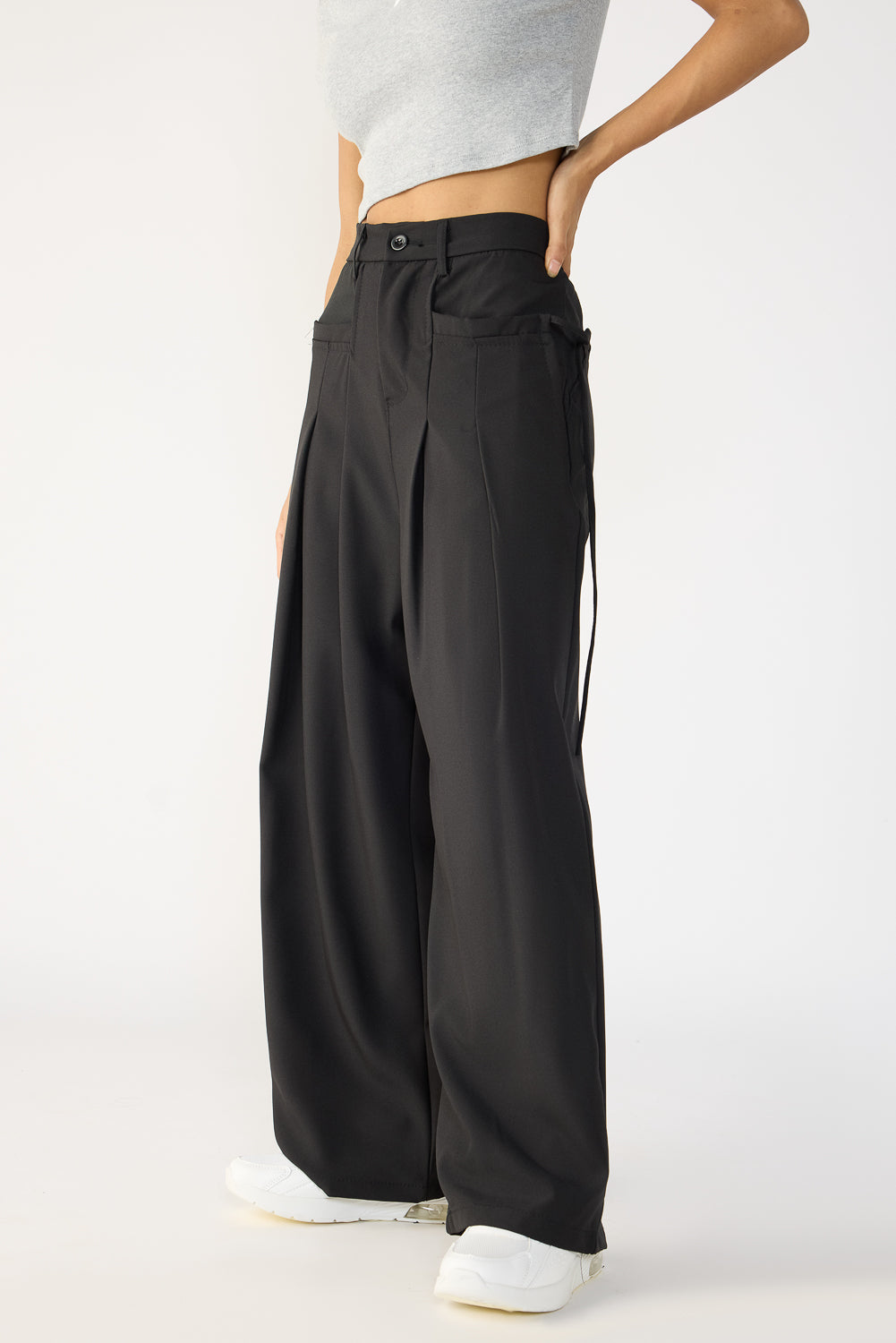 Black Pleated Knot Women's Wide Korean Pants