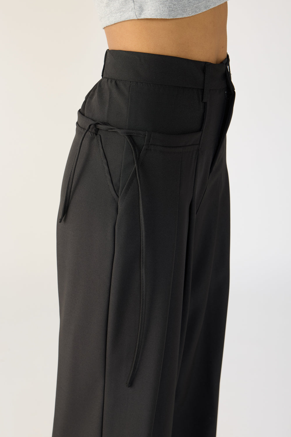 Black Pleated Knot Women's Wide Korean Pants