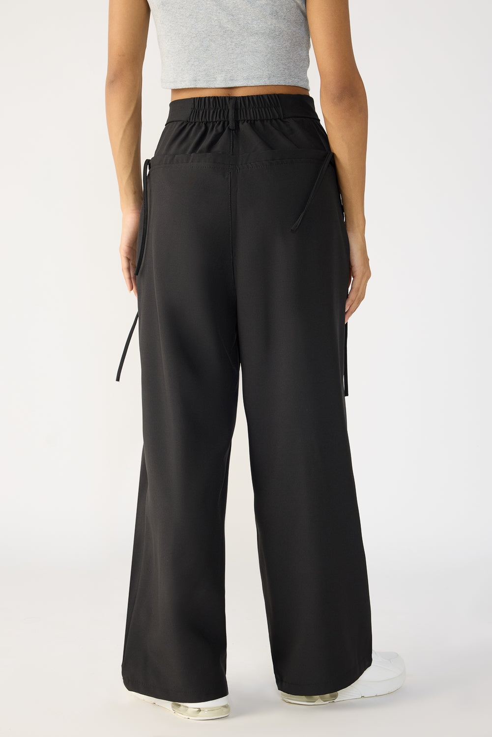 Black Pleated Knot Women's Wide Korean Pants