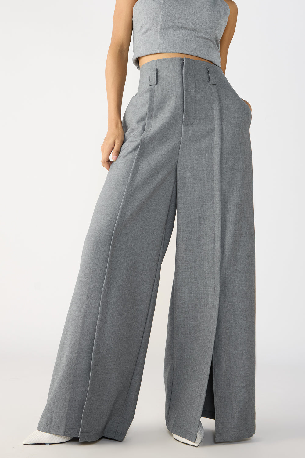 Slubbed Grey Front Slited Women's Flare Korean Pants