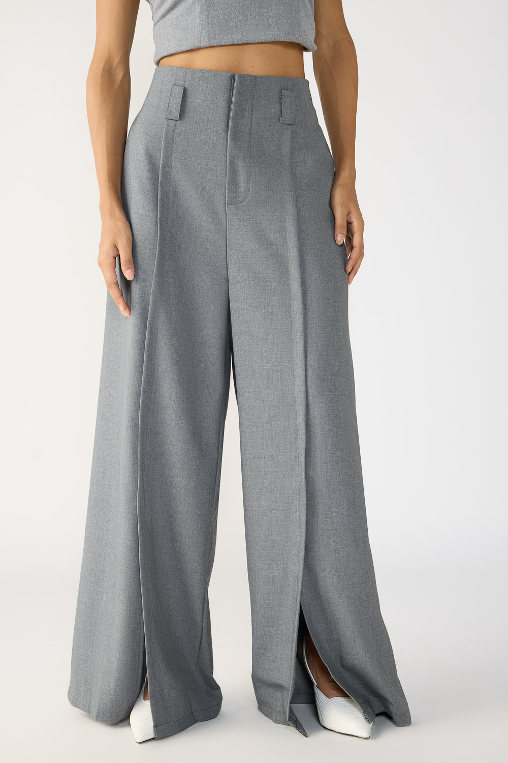 Slubbed Grey Front Slited Women's Flare Korean Pants