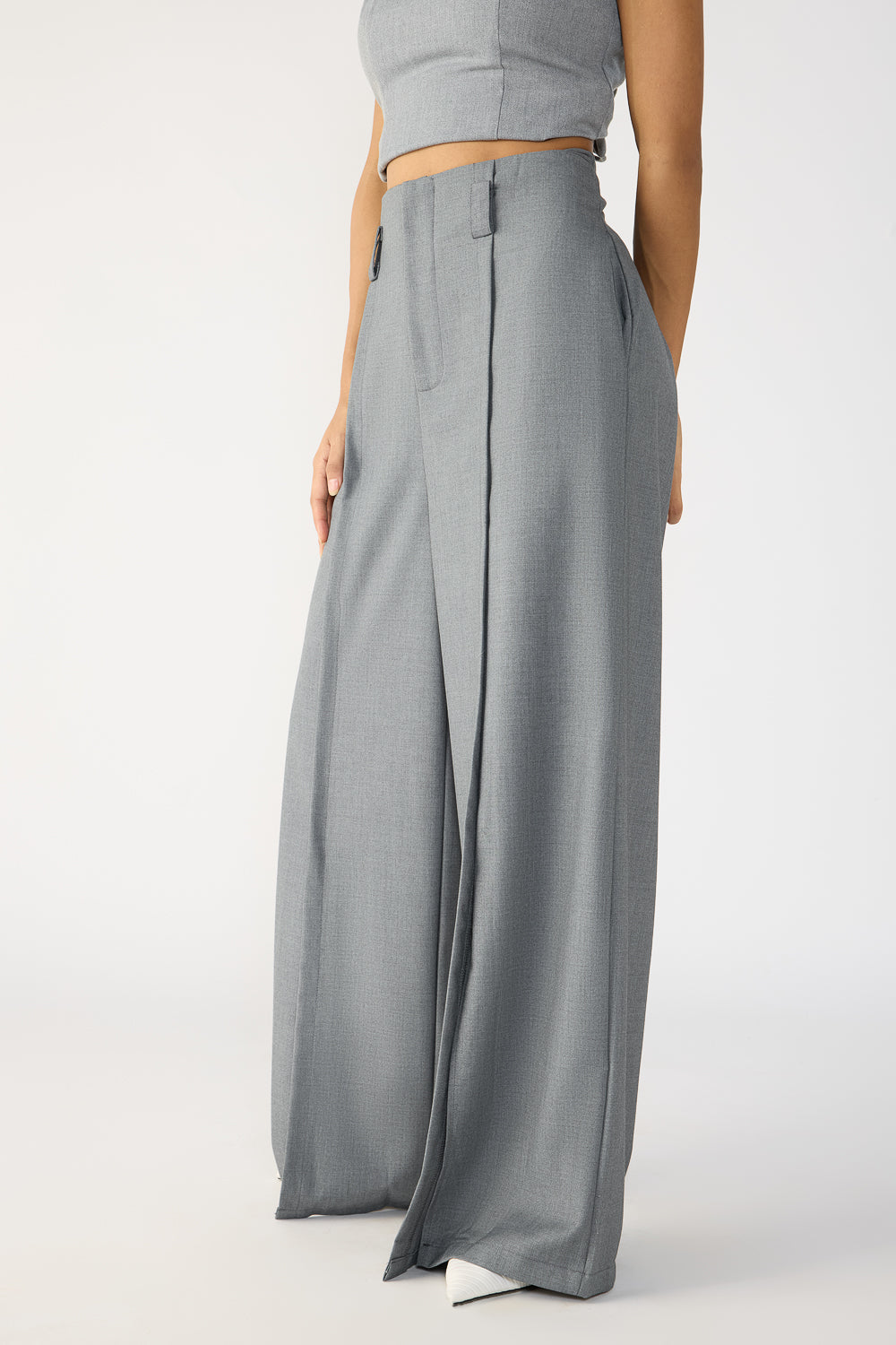 Slubbed Grey Front Slited Women's Flare Korean Pants