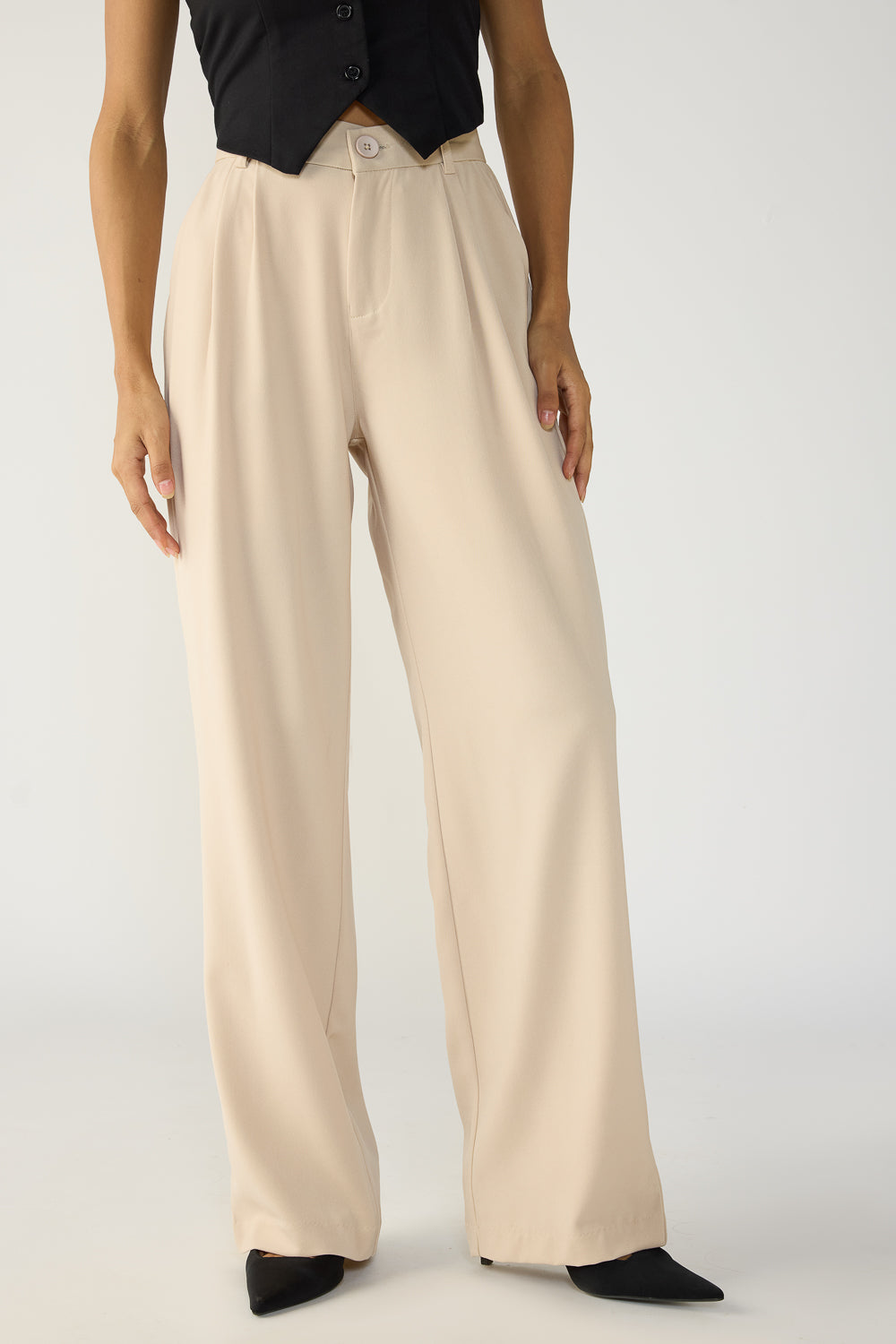Sand Beige Double Pleated Women's Straight Korean Pants