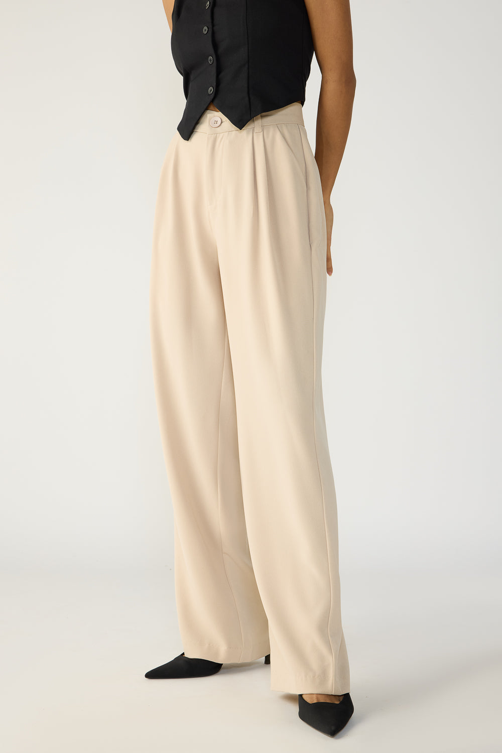 Sand Beige Double Pleated Women's Straight Korean Pants