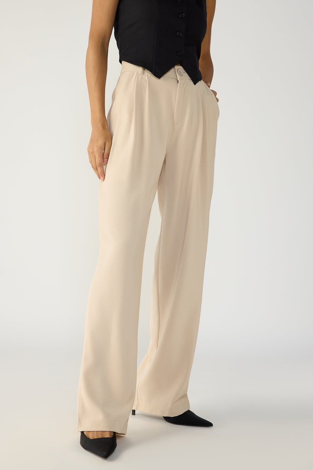 Sand Beige Double Pleated Women's Straight Korean Pants
