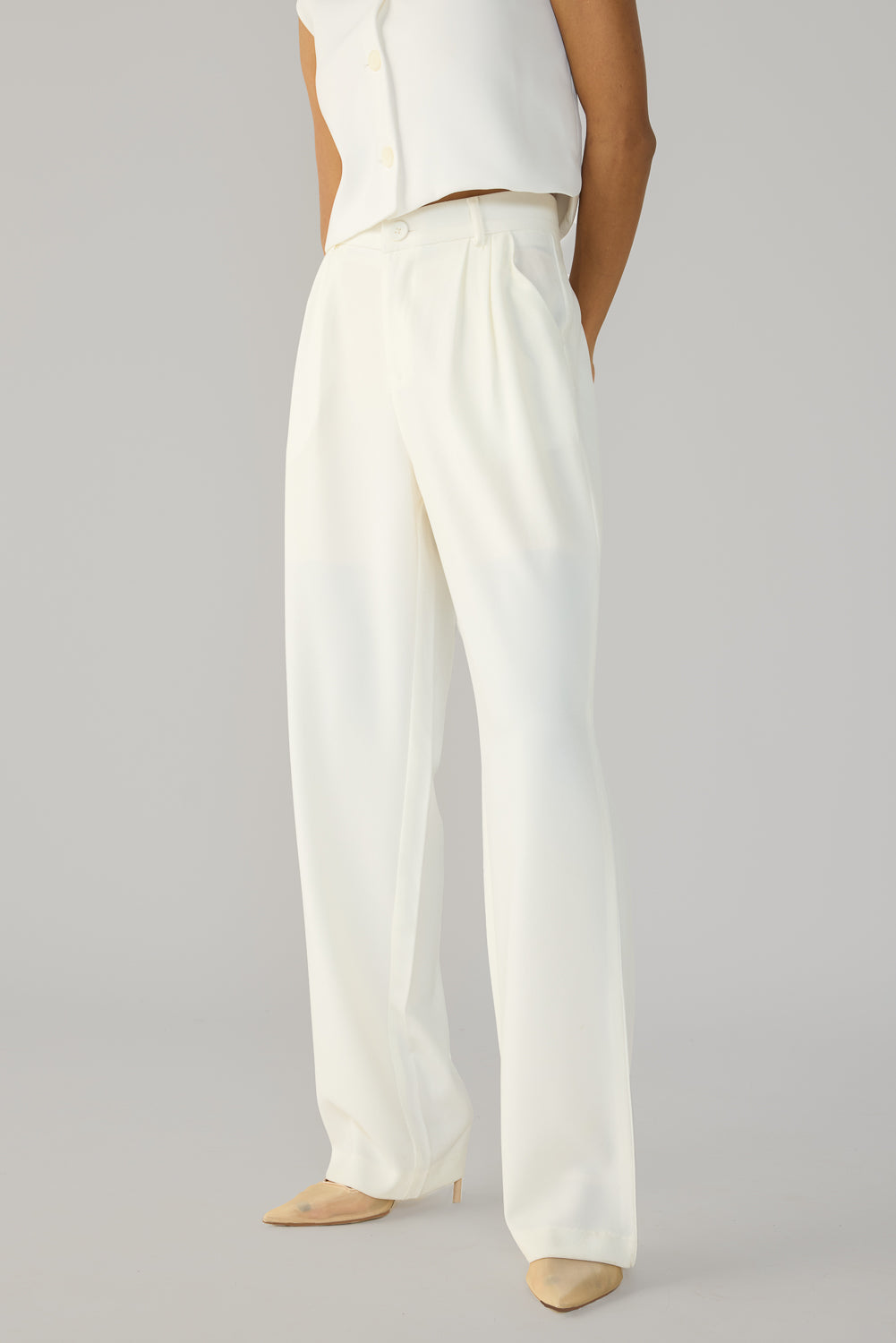 Off White Double Pleated Women's Straight Korean Pants