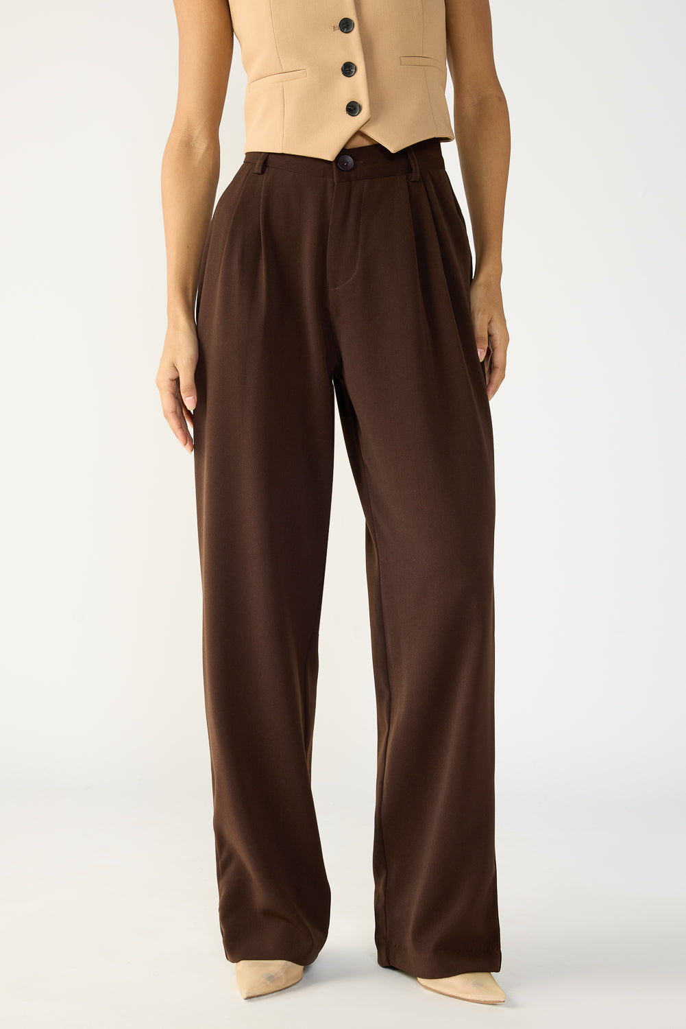 Dark Brown Double Pleated Women's Straight Korean Pants