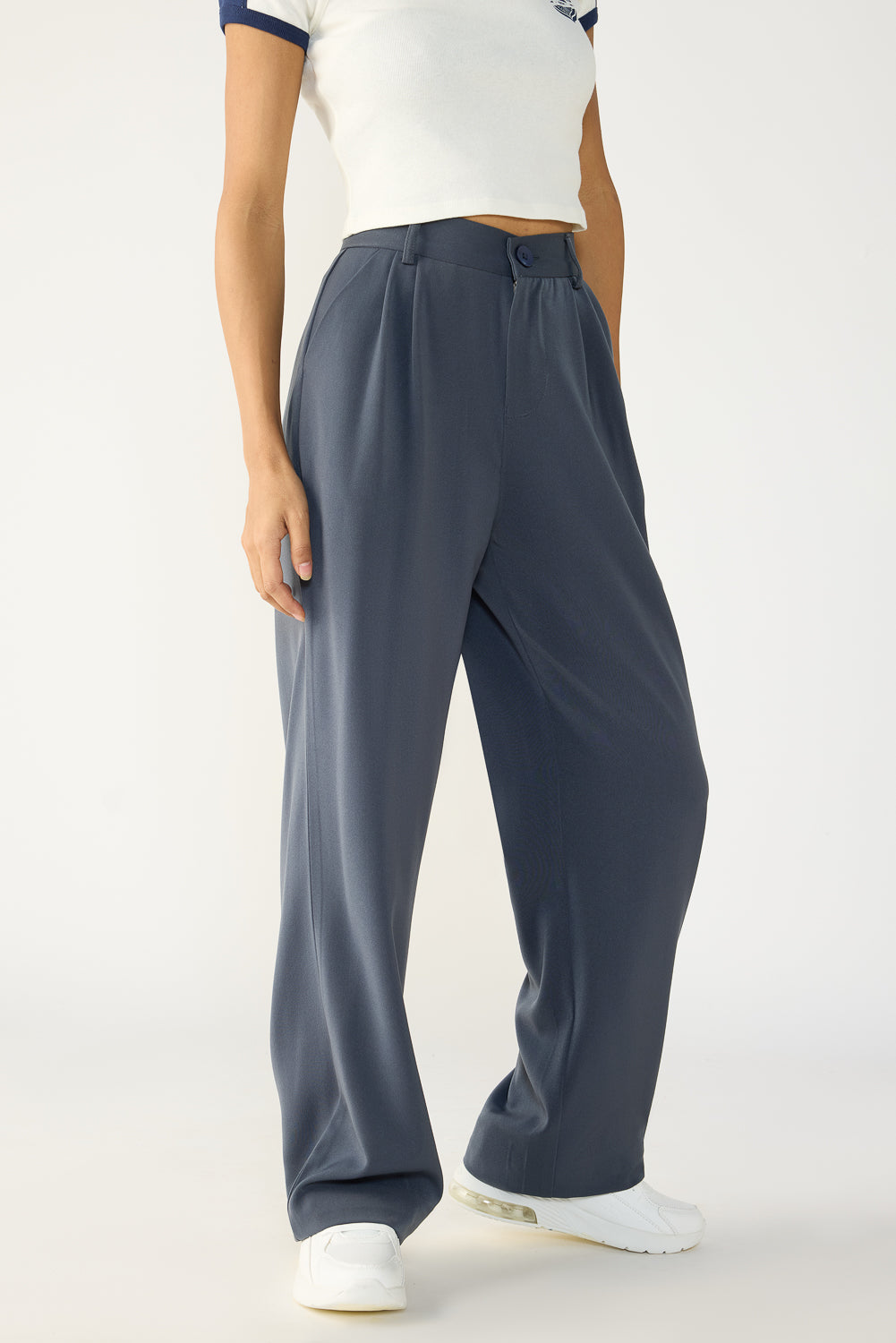 Dark Grey Double Pleated Women's Wide Korean Pants
