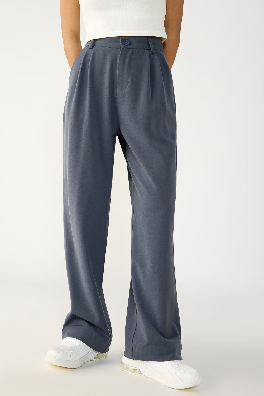 Dark Grey Double Pleated Women's Wide Korean Pants