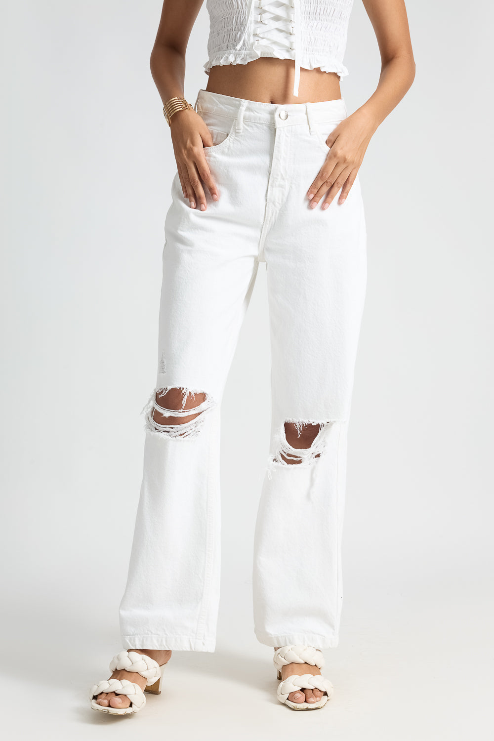 White Distressed Knee Women's Wide Leg Jeans