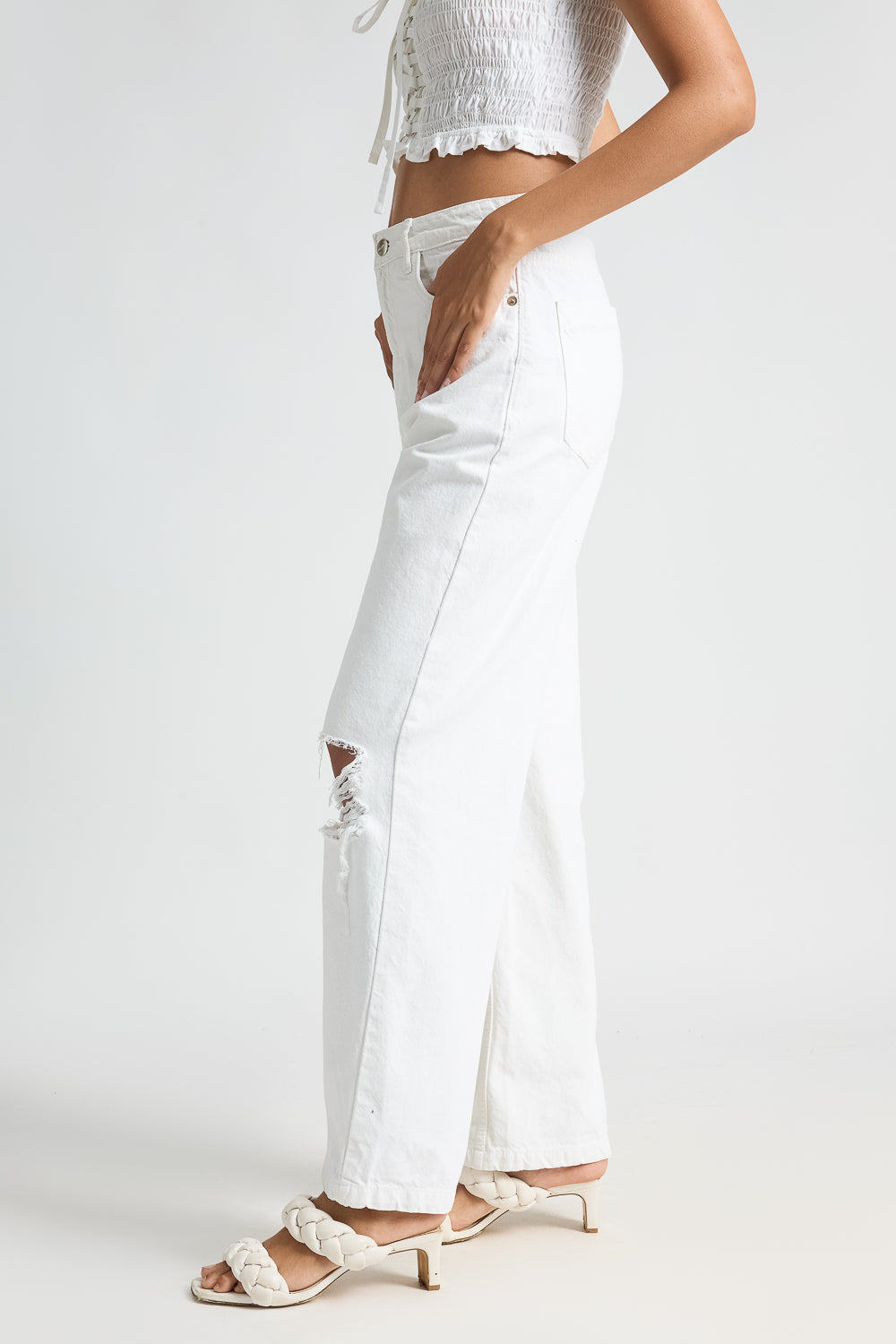 White Distressed Knee Women's Wide Leg Jeans