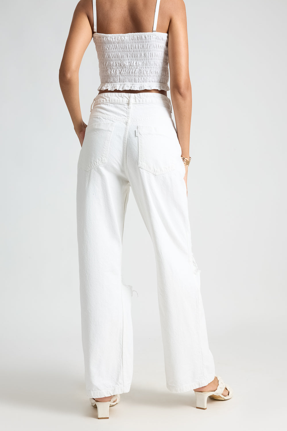 White Distressed Women's Wide Leg Jeans