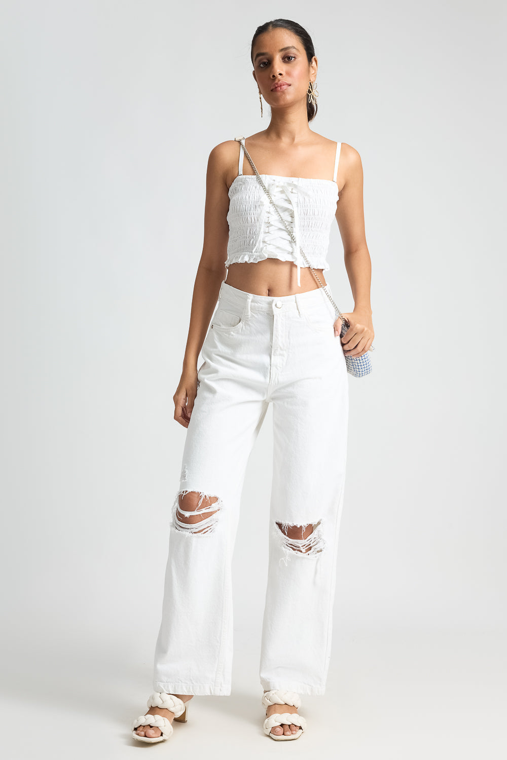 White Distressed Knee Women's Wide Leg Jeans
