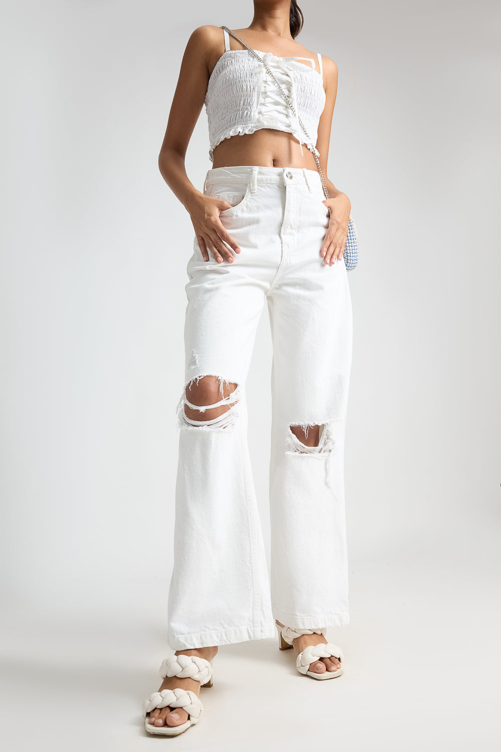 White Distressed Women's Wide Leg Jeans