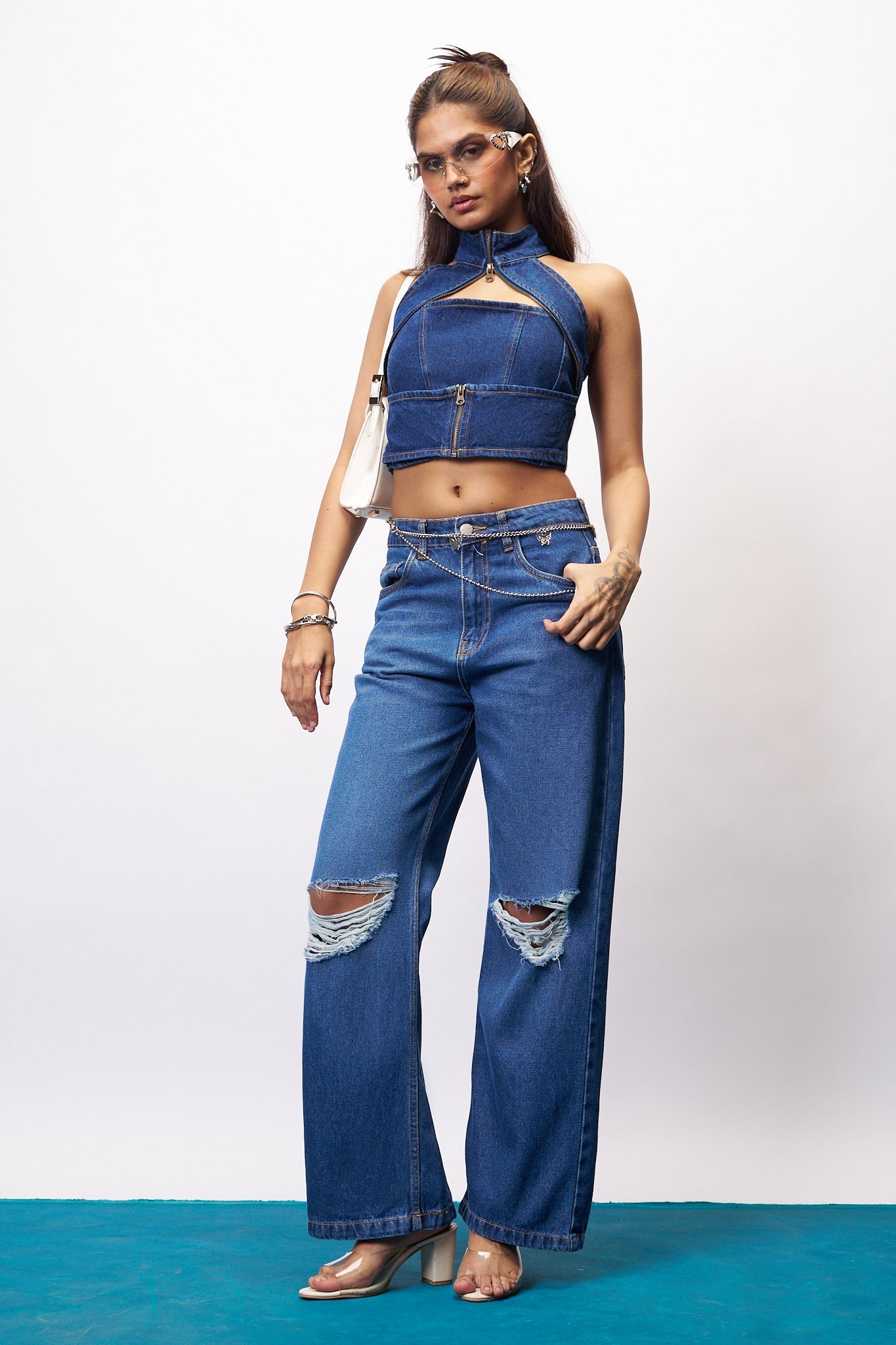 Dark Blue Wash Ripped Women's Wide Jeans