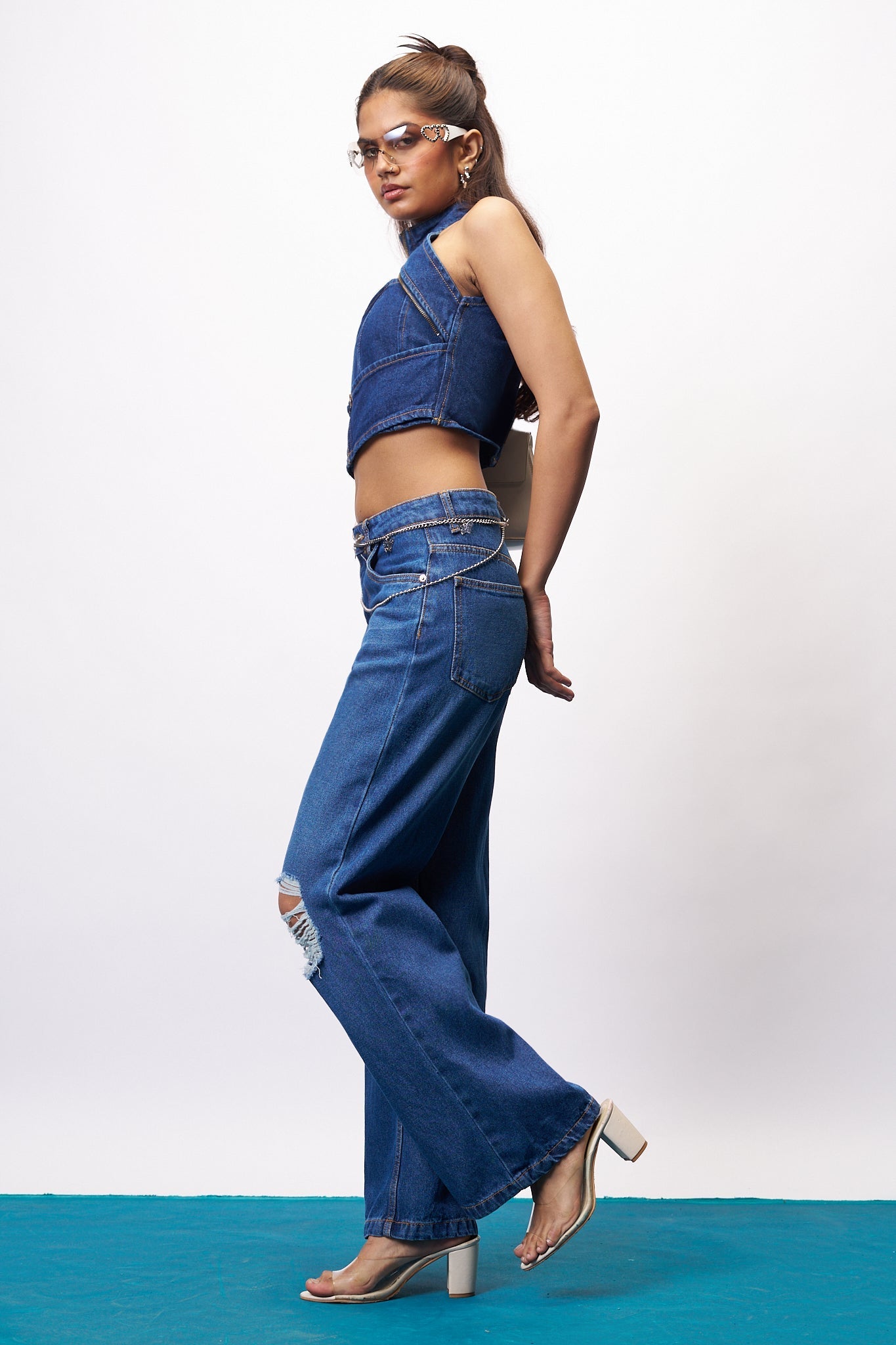 Dark Blue Wash Ripped Women's Wide Jeans