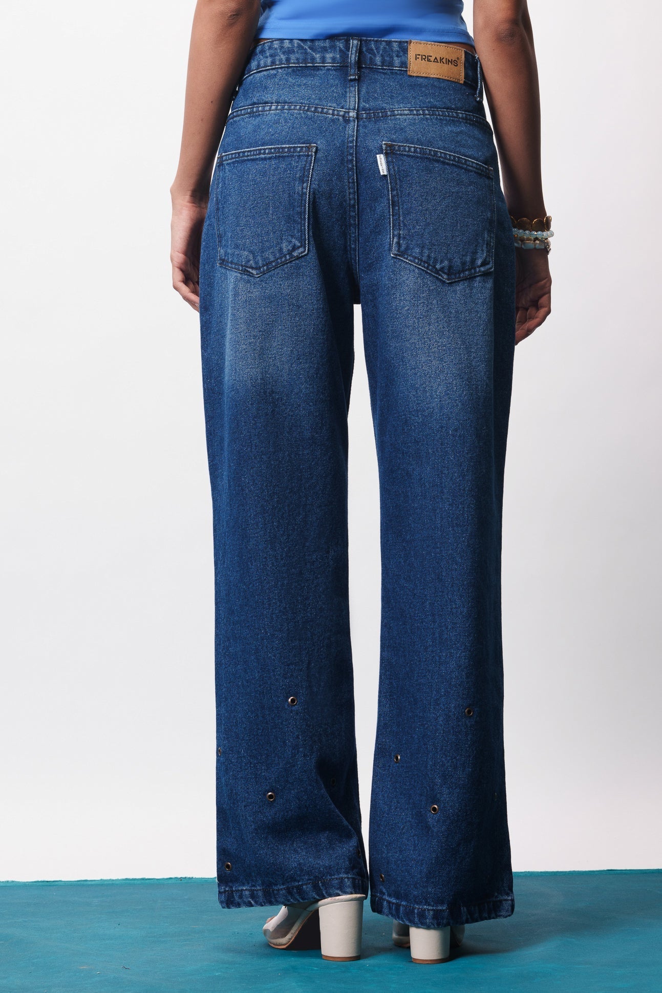 Indigo Eyelet Detail Women's Wide Jeans