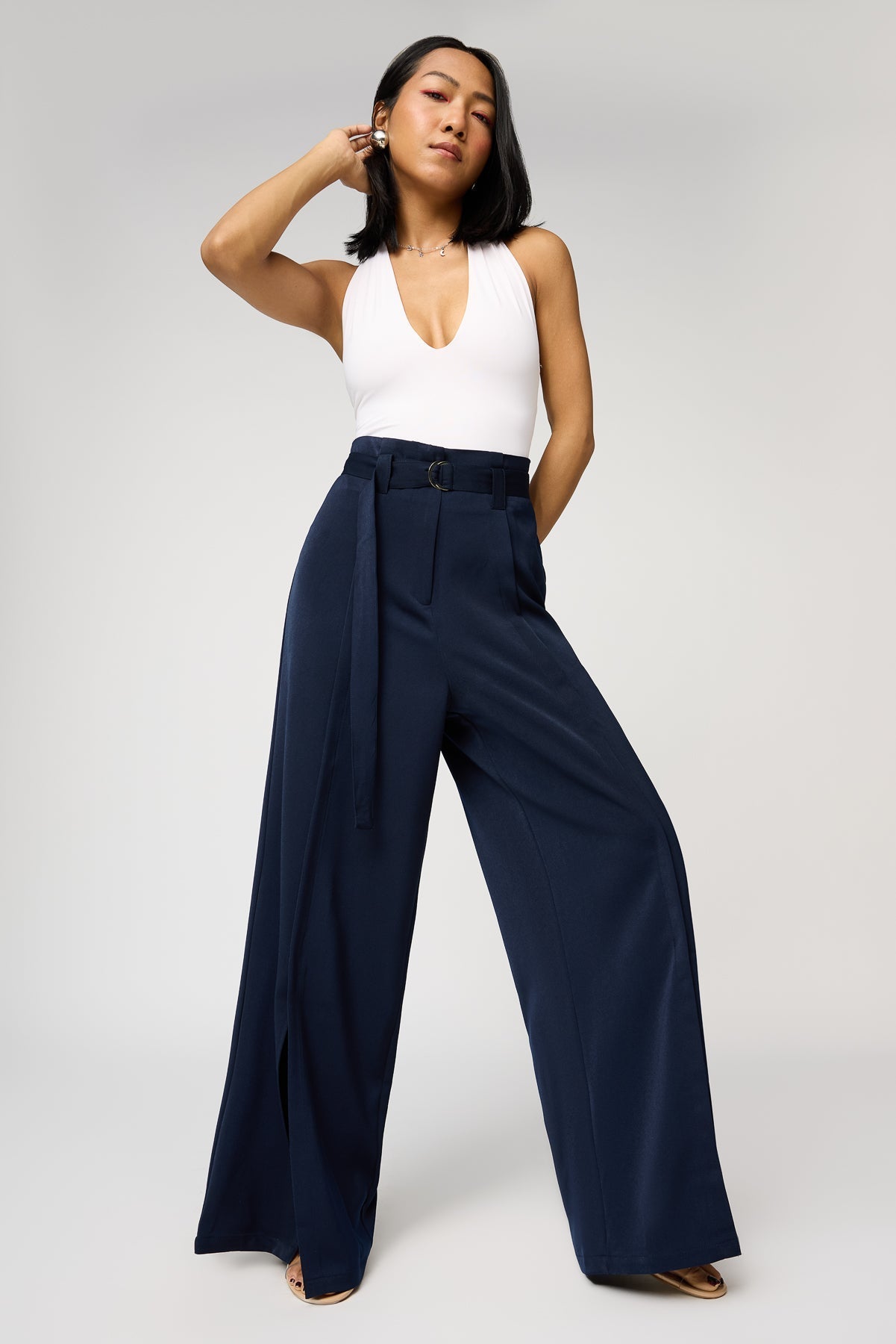 Navy Belted Women's Flared Korean Pants
