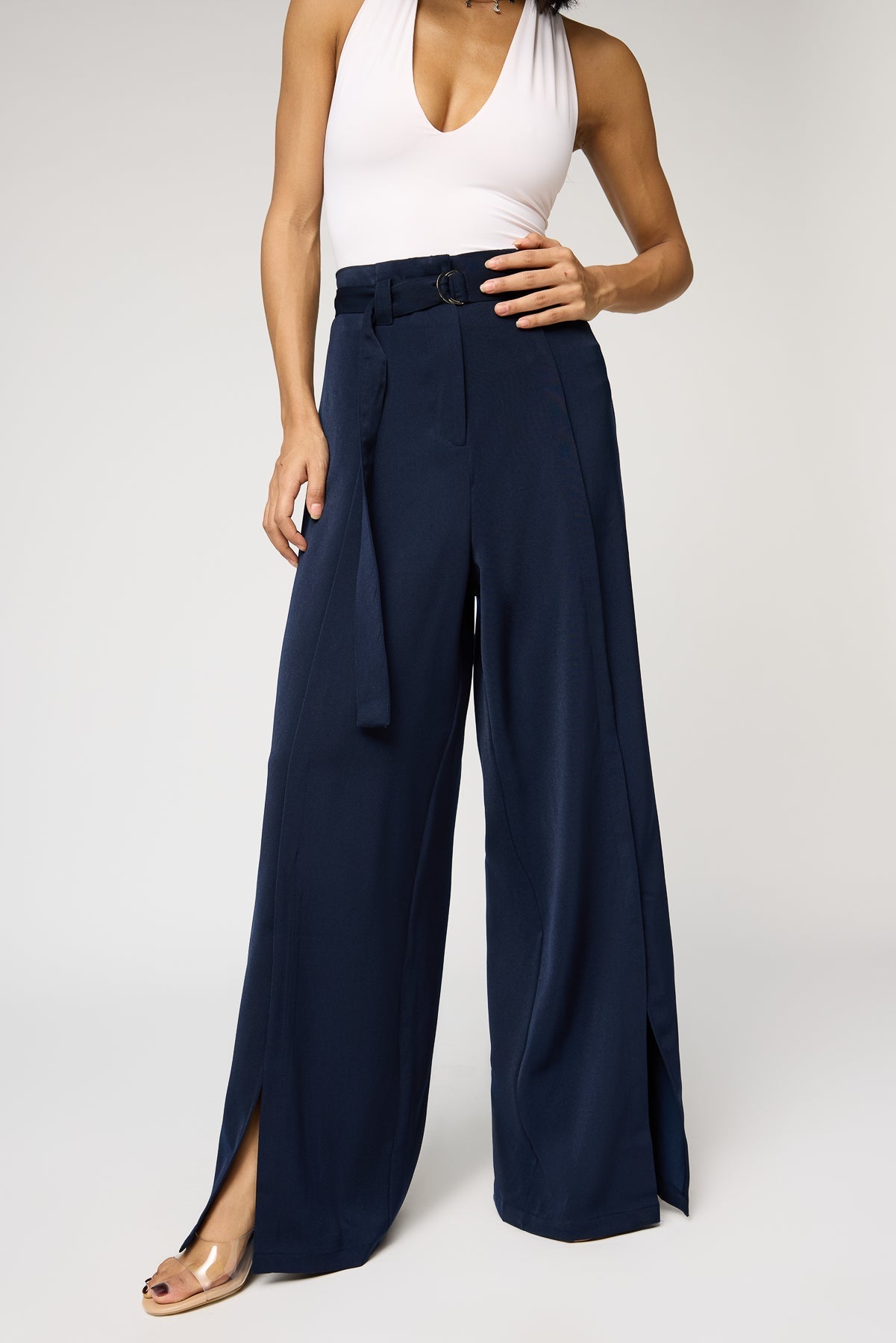 Navy Belted Women's Flared Korean Pants