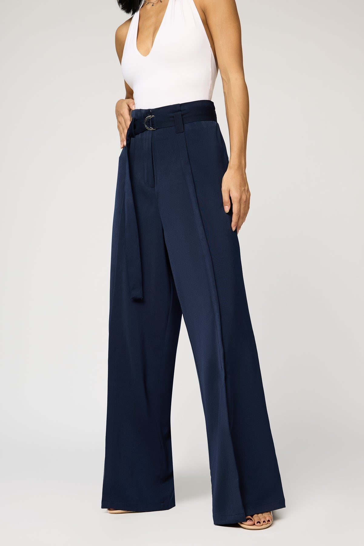 Navy Belted Women's Flared Korean Pants