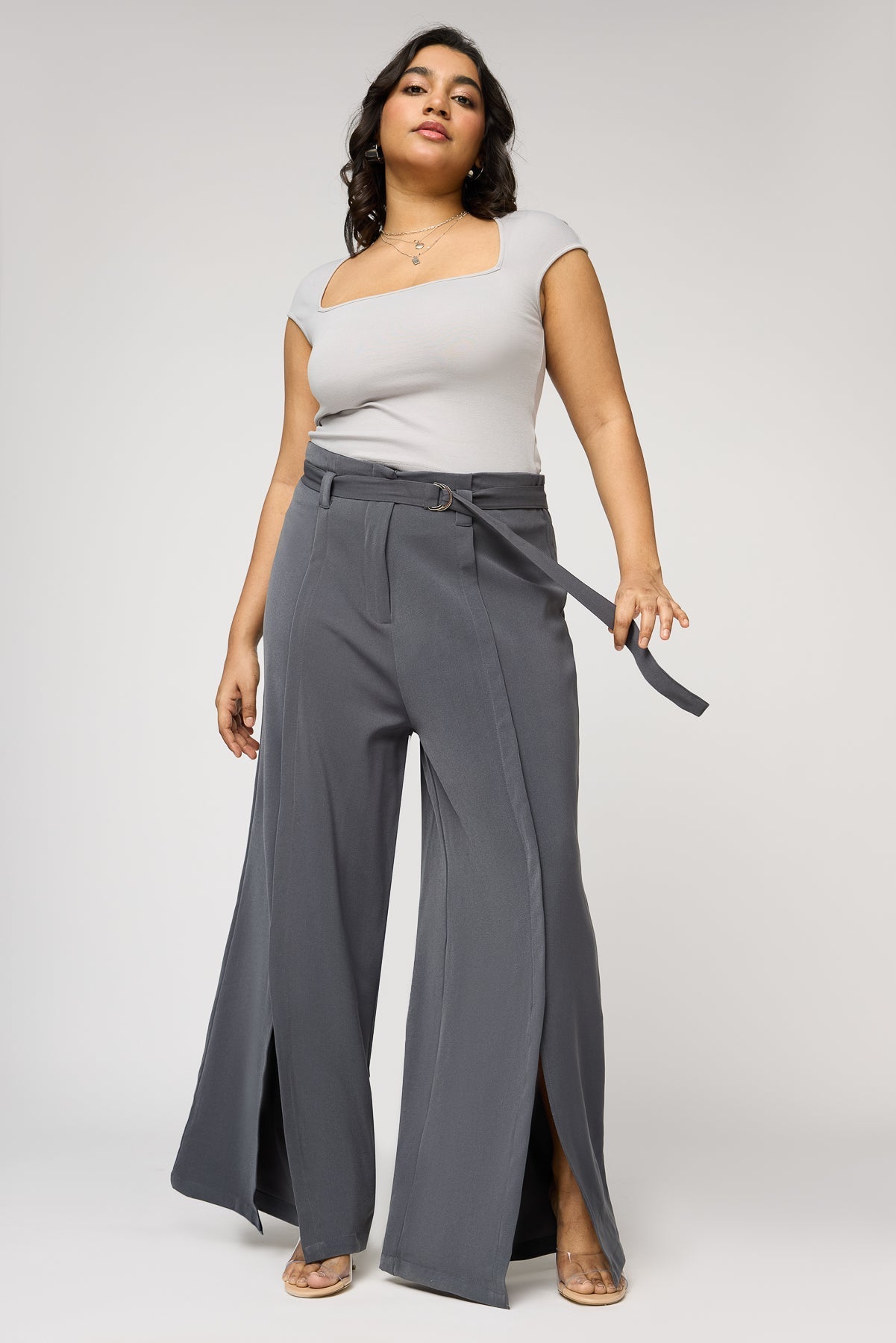 Curve Dove Grey Belted Flared Korean Pants