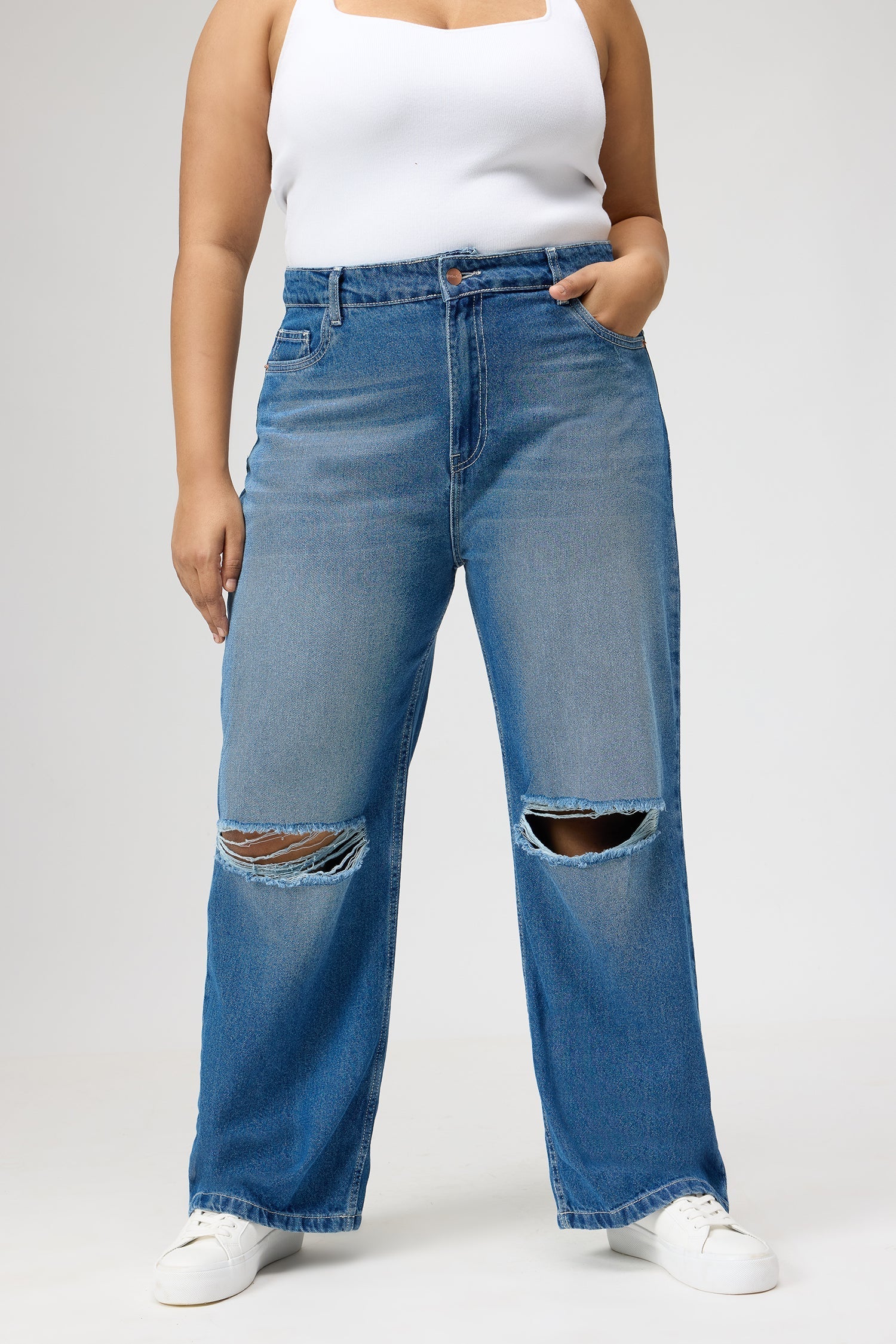 Curve Urban Blue Ripped Wide Jeans